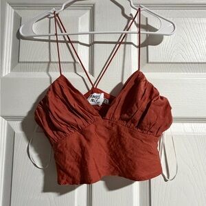Princess Polly Rust Cropped Linen-Blend Cami with Double Spaghetti Straps